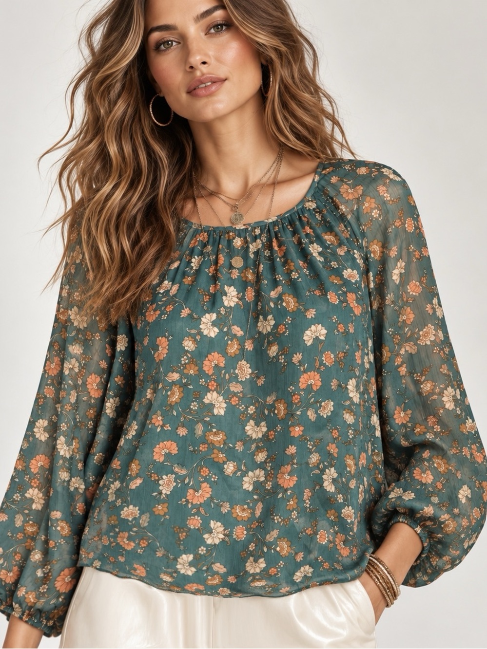 DR2 Women’s Medium Green Floral Boho Tunic Blouse Flowy Lined NWT